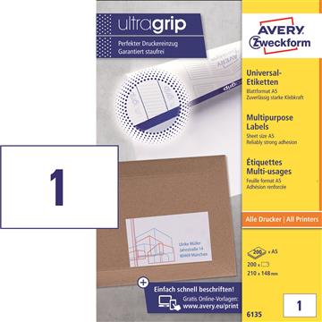 Universaletikett Avery på A5 ark vit 210x148mm 200 st / förpackning