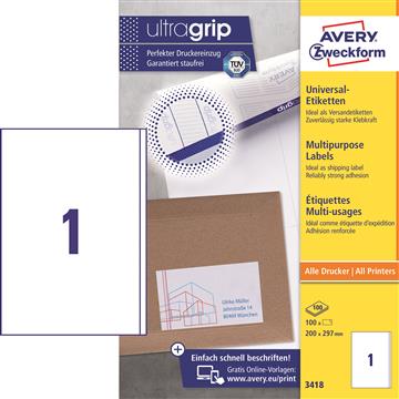 Universaletikett Avery Zweckform 3418 vit 200x297mm 100 st / förpackning