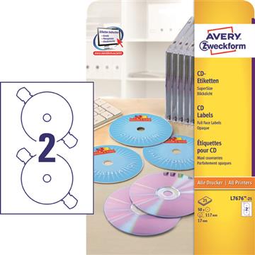 Universaletikett Avery L7676 CD Full Face vit 50 st / förpackning
