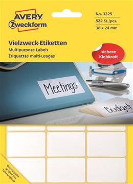 Märketikett Avery Zweckform permanent vit 38x24mm 522 st / förpackning