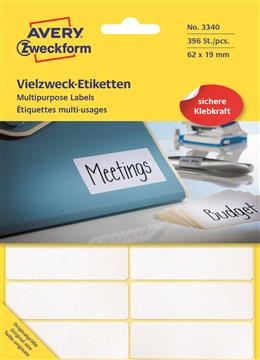 Märketikett Avery Permanent 3340 vit 62x19mm 392 st / förpackning