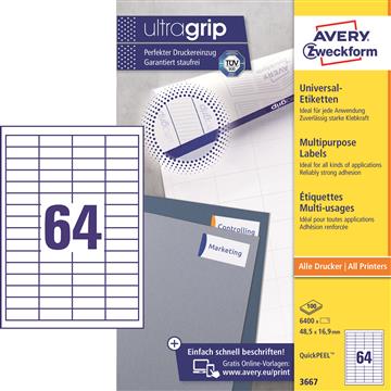 Universaletikett Avery Zweckform 3667 vit 48,3x16,9mm 6400 st / förpackning