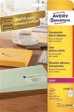 Laseretikett Avery L7560 transparent 63,5x38,1mm 525 st / förpackning