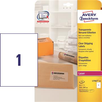 Laseretikett Avery L7567 transparent 210x297mm 25 st / förpackning