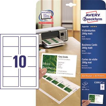 Visitkort Avery Quick & Clean inkjet/laser 200g 85x54mm 250 st / förpackning