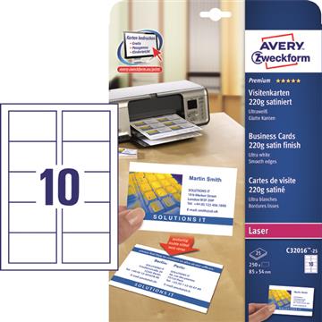 Visitkort Avery Quick & Clean färglaser 220g 85x54mm 250 st / förpackning