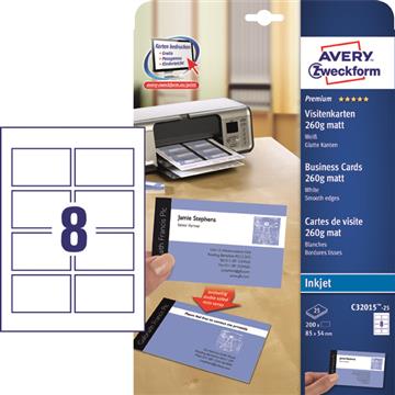 Visitkort Avery Quick & Clean inkjet 260g 85x54mm 200 st / förpackning