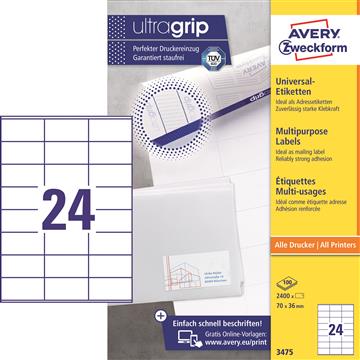 Universaletikett Avery Zweckform 3475 vit 70x36mm 2400 st / förpackning