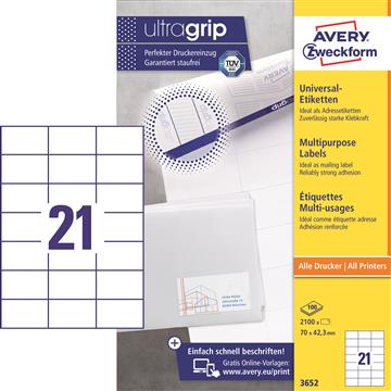 Universaletikett Avery Zweckform 3652 vit 70x42,3mm 2100 st / förpackning