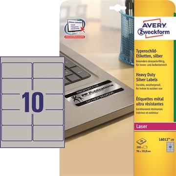 Laseretikett Avery L6012 Heavy Duty silver 96x50,8mm 200 st / förpackning