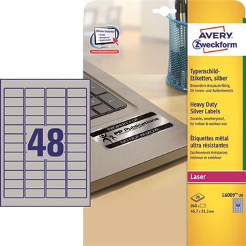 Laseretikett Avery L6009 Heavy Duty silver 45,7x21,2mm 960 st / förpackning