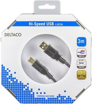 USB 2 kabel Deltaco A-B hane/hane 3,0m