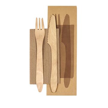 Bestickpåse Duni kniv, gaffel vaxat trä m brun servett 400 /KRT